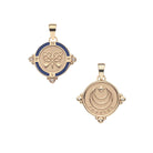 Two gold pendants on a white background