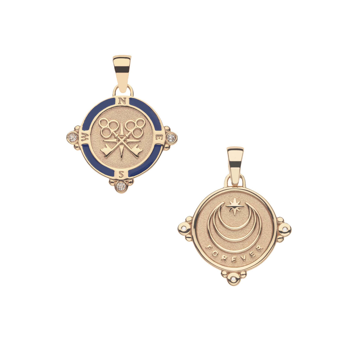 Two gold pendants on a white background