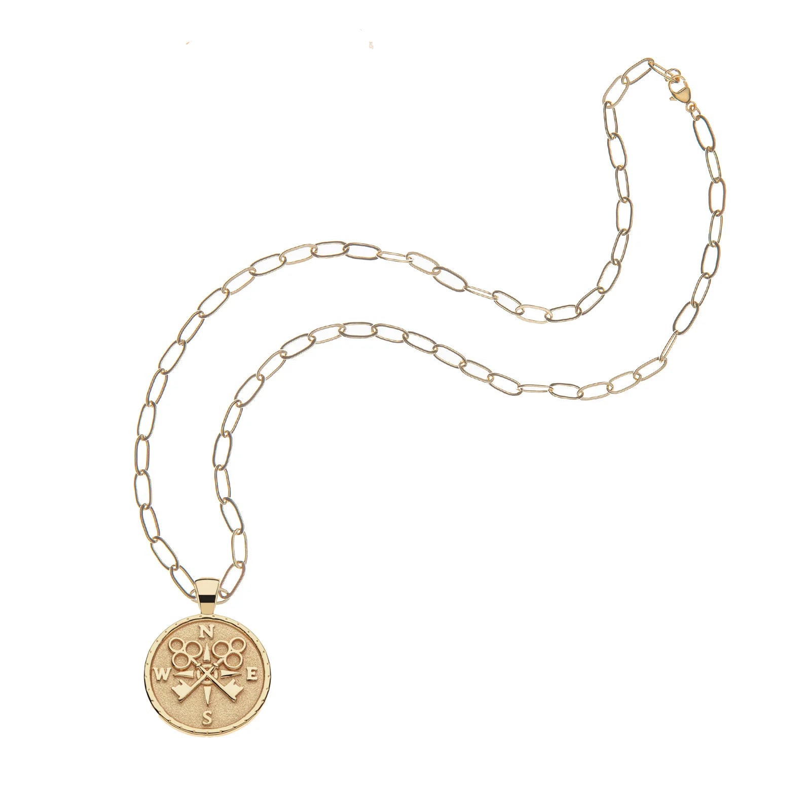 Gold necklace with a round pendant on a white background