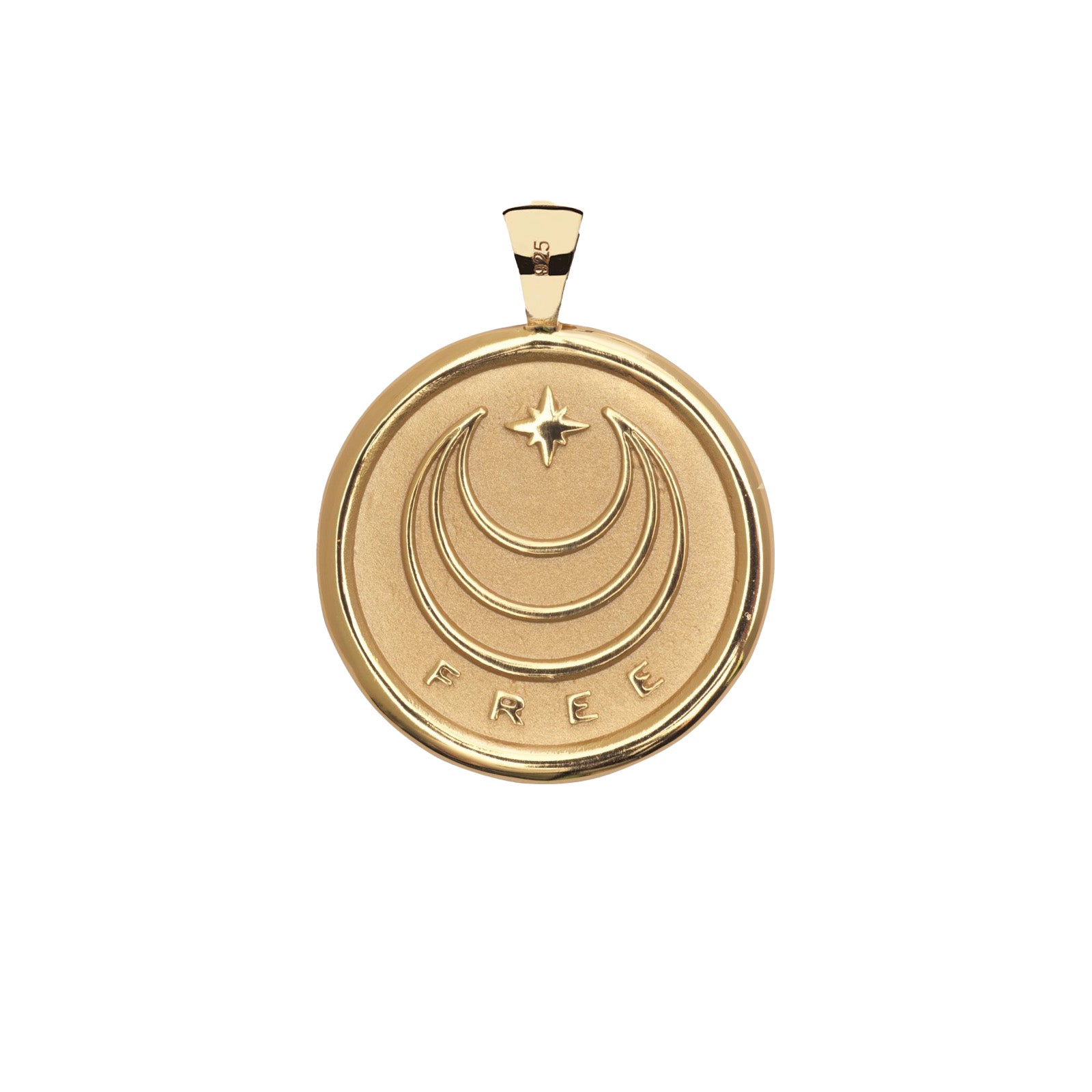 Gold pendant with moon and star design on a white background