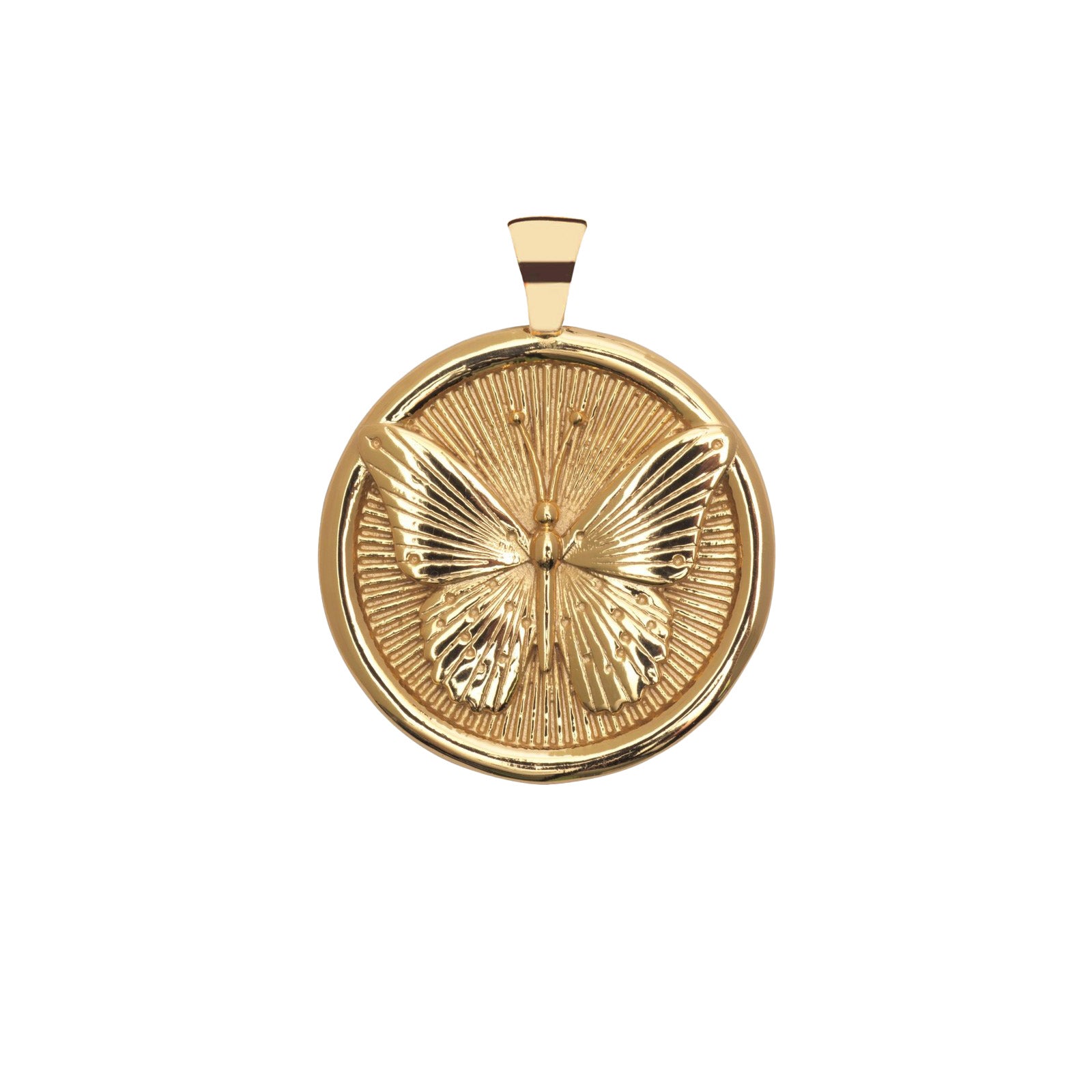 Gold butterfly pendant on a white background
