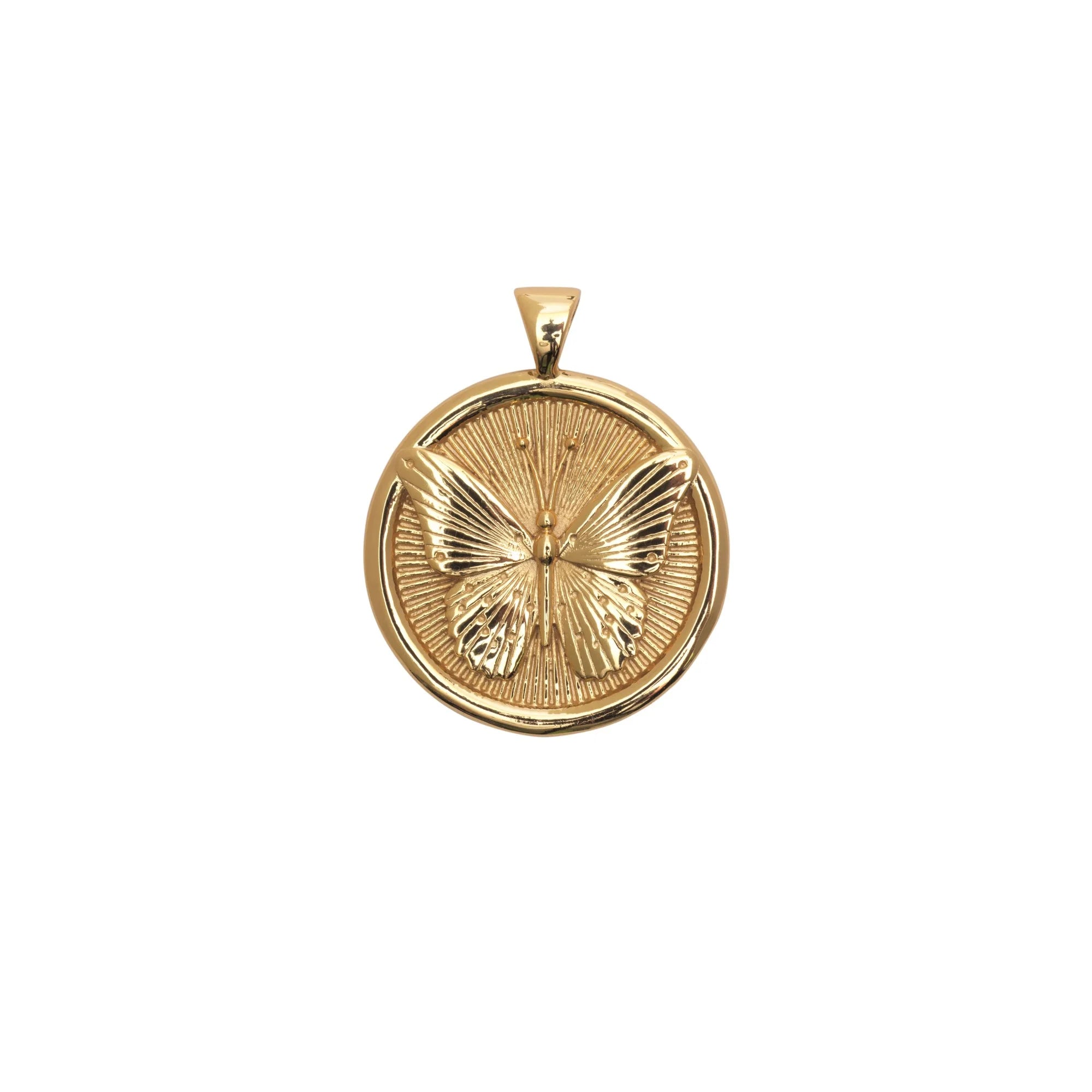 Gold butterfly pendant on a white background