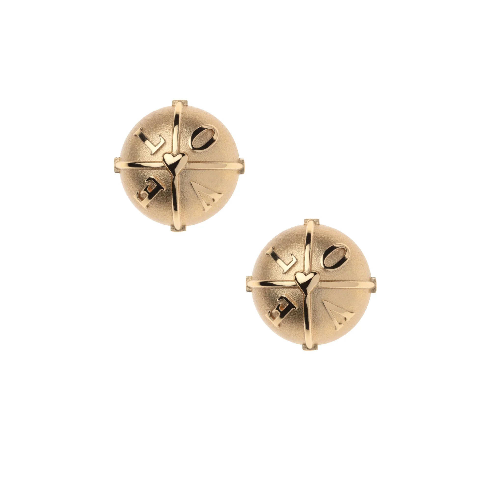 Pair of gold earrings with 'LOVE' inscription on a white background