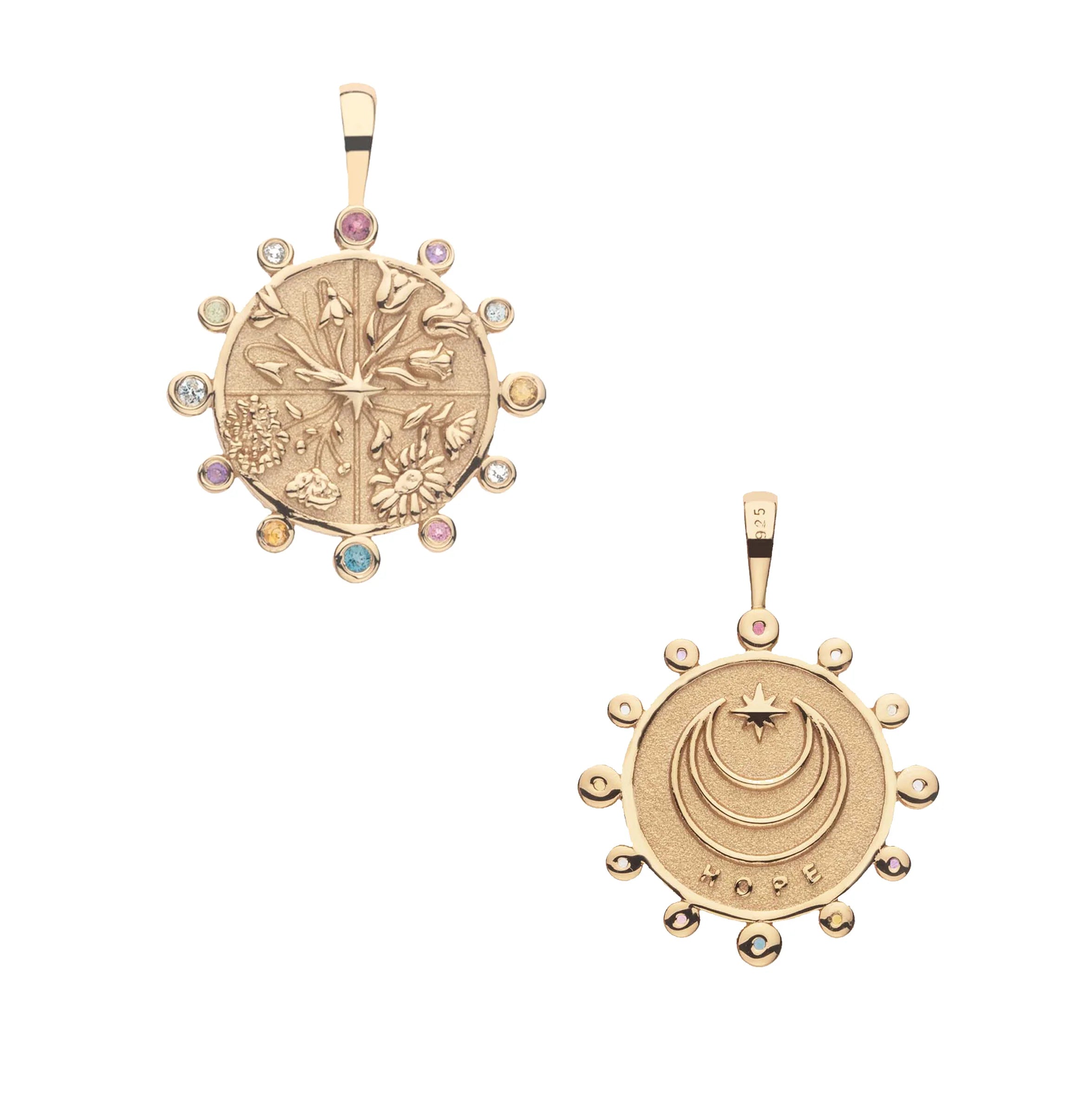 Two gold pendants on a white background