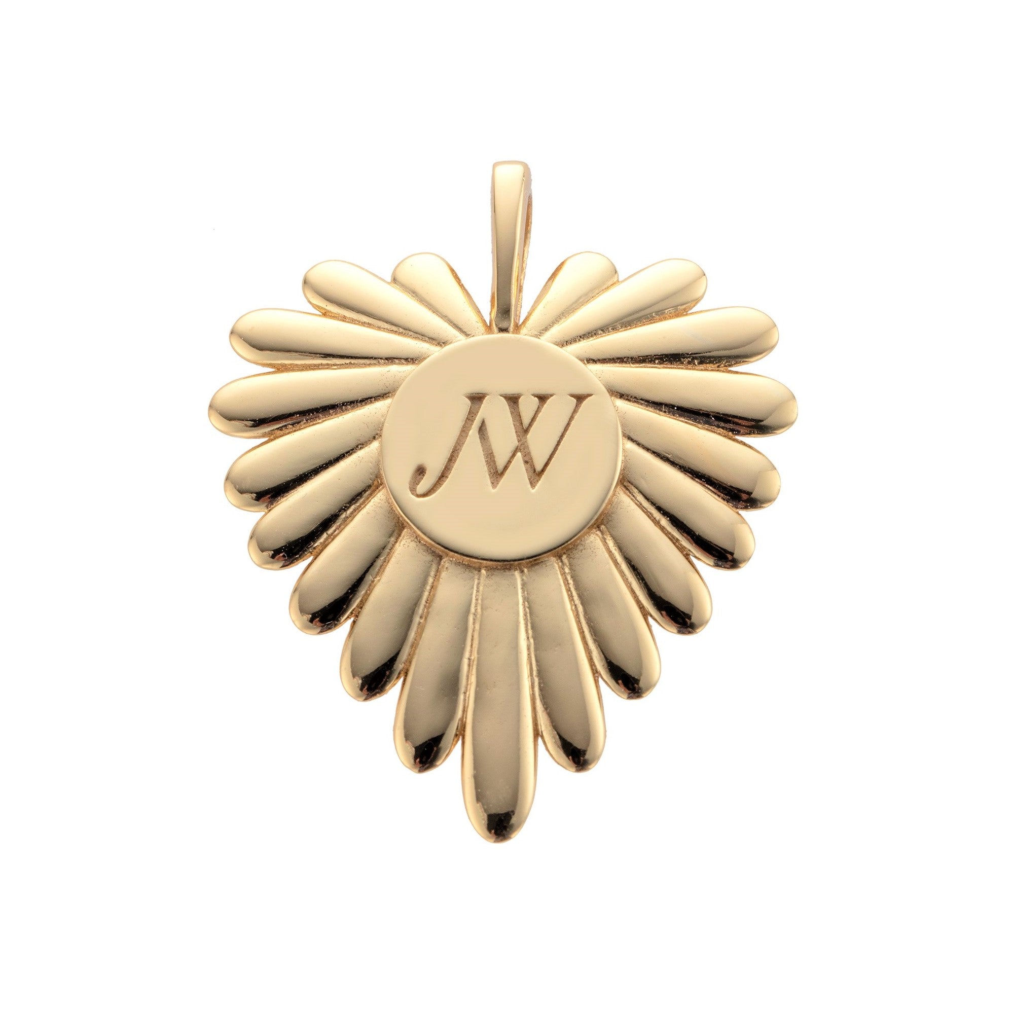 Gold pendant with 'JW' initials on a white background