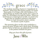 Text about the modern meaning of grace with decorative elements and a brand name at the bottom.