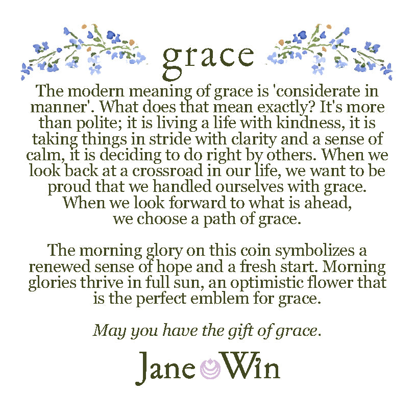 Text about the modern meaning of grace with decorative elements and a brand name at the bottom.