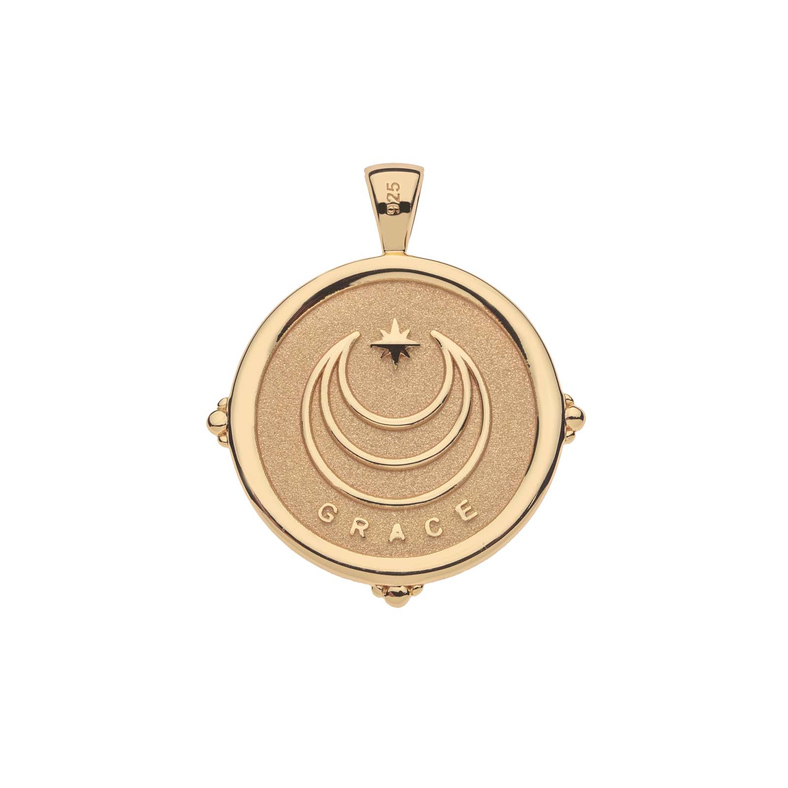 Gold pendant with 'GRACE' engraving on a white background