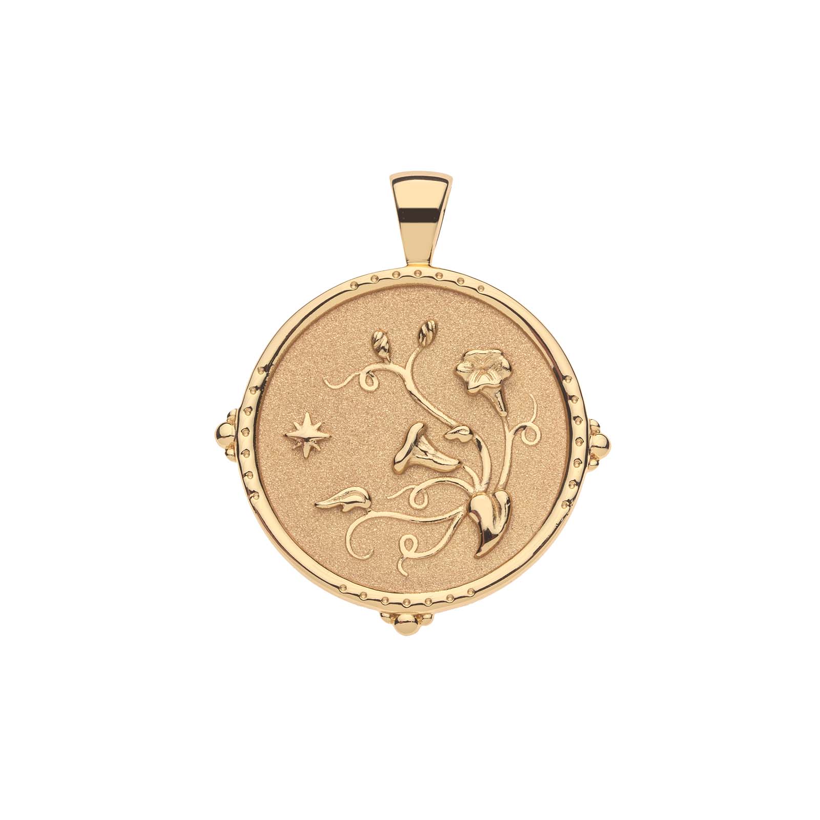 Gold pendant with astrological design on a white background