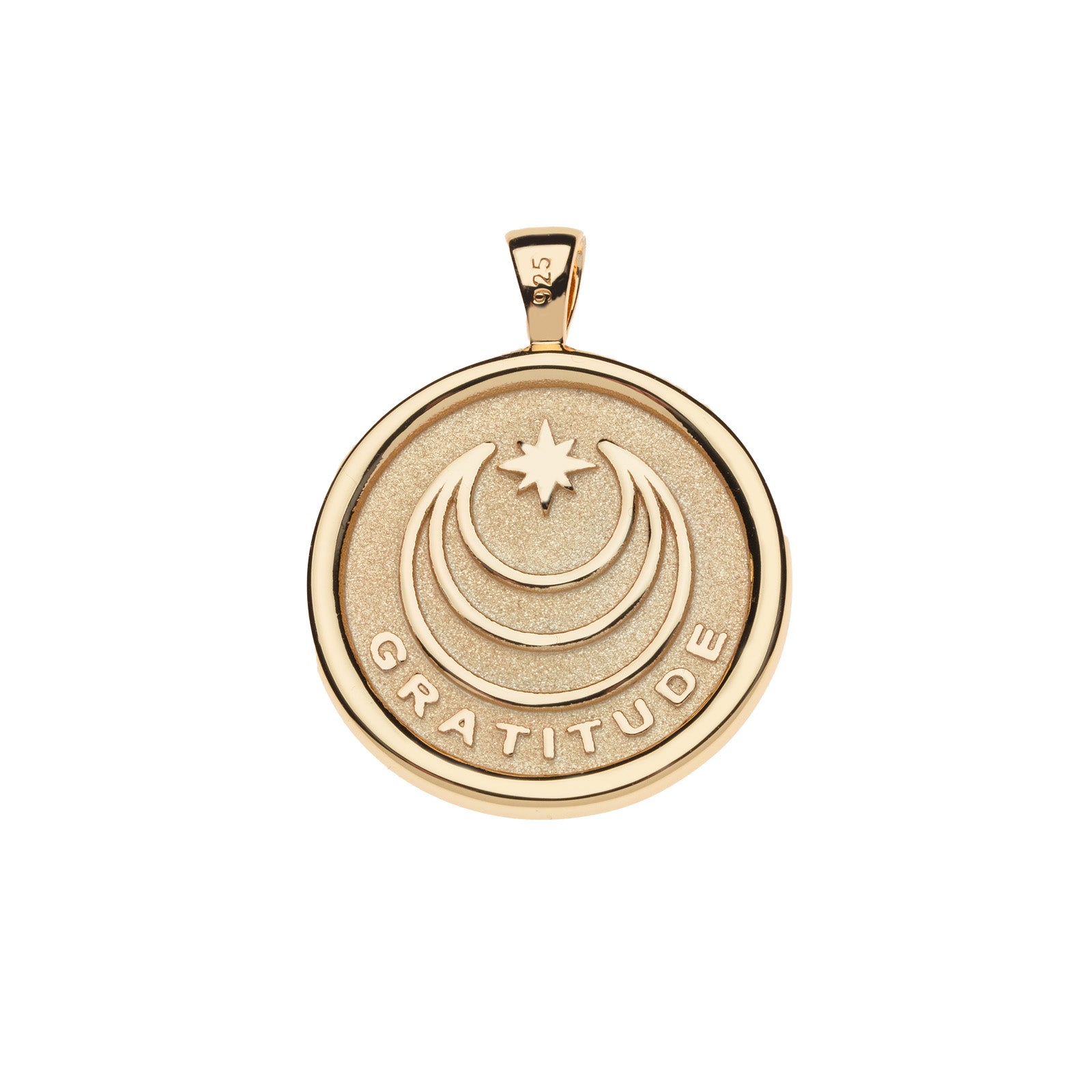 Gold pendant with 'Gratitude' engraving on a white background