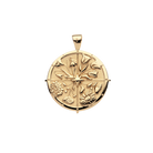 Gold compass pendant with floral designs on a white background
