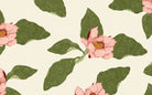 Pattern of pink flowers and green leaves on a beige background