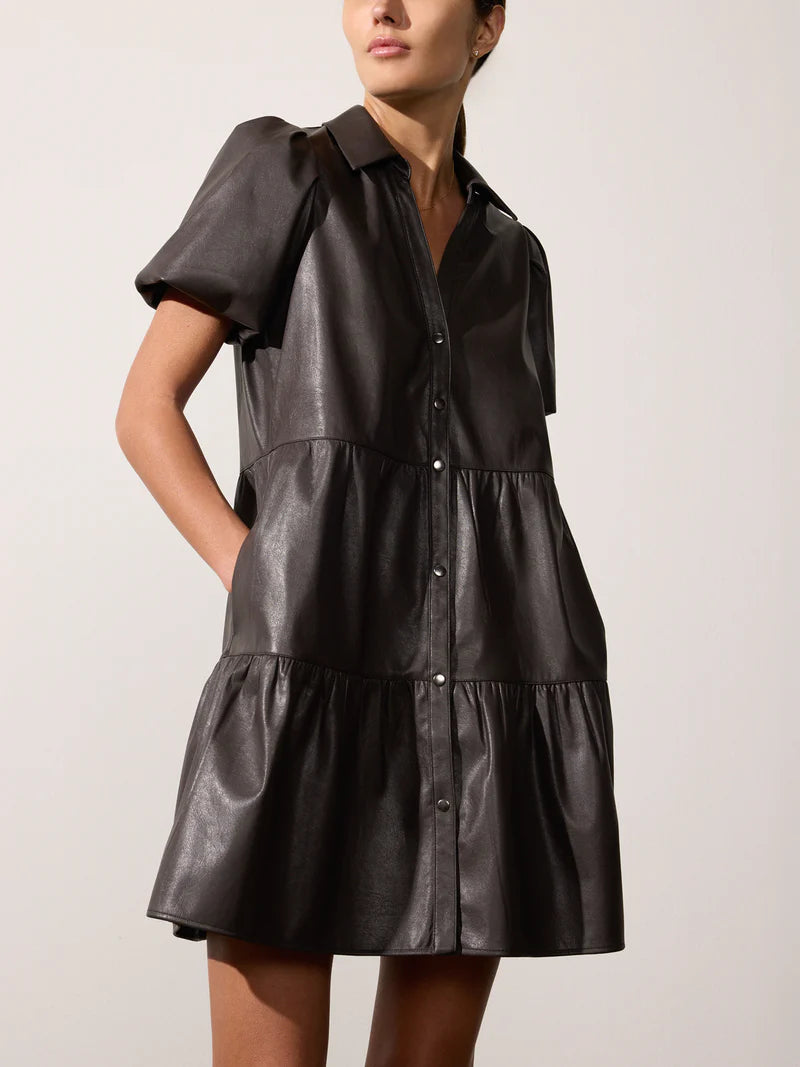 Brochu Walker black faux leather flowy mini dress 