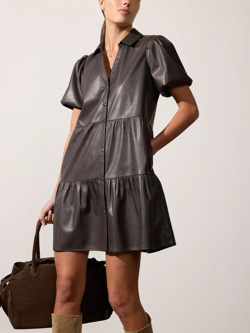 Brochu Walker black faux leather flowy mini dress 