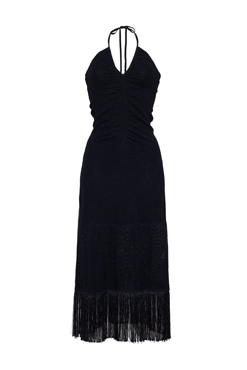 Black halter neck dress with fringe detail on a white background
