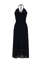 Black halter neck dress with fringe detail on a white background