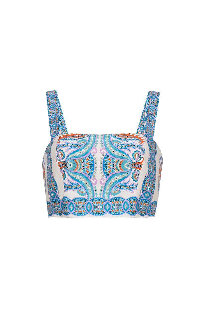 Multicolored patterned bikini top on a white background