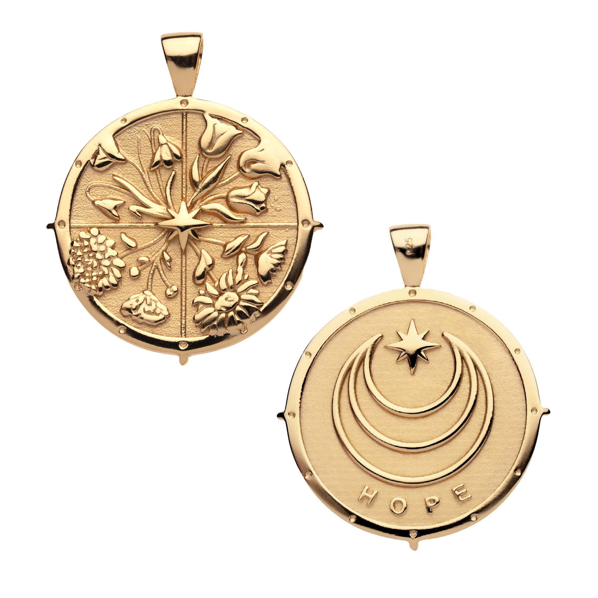 Two gold pendants on a white background