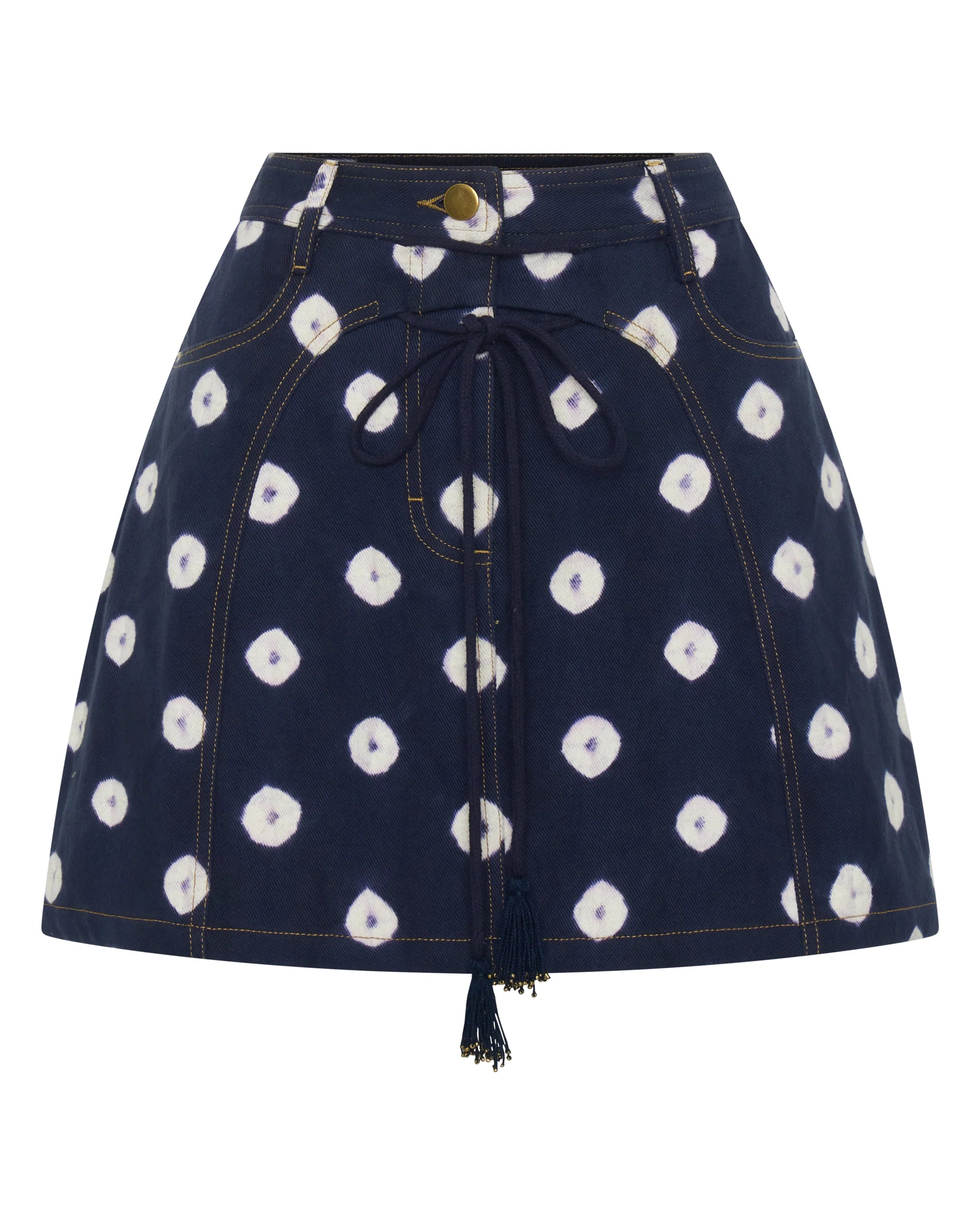 Navy blue skirt with white floral pattern on a white background