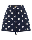 Navy blue skirt with white floral pattern on a white background