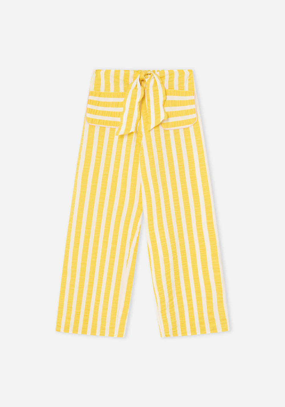 Yellow and white striped pants on a light gray background