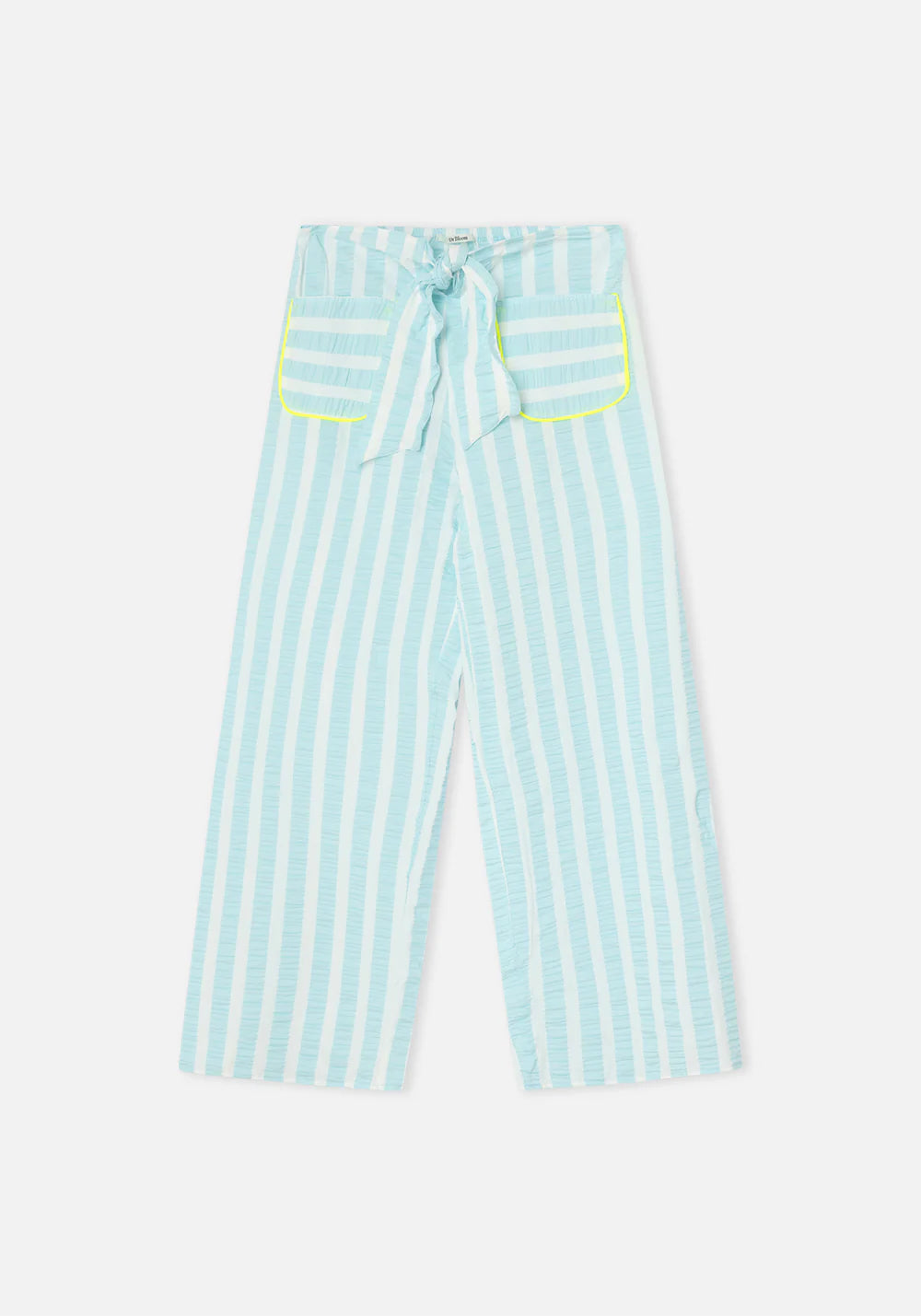 Light blue and white striped pants with a tie waist on a white background