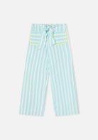 Light blue and white striped pants with a tie waist on a white background