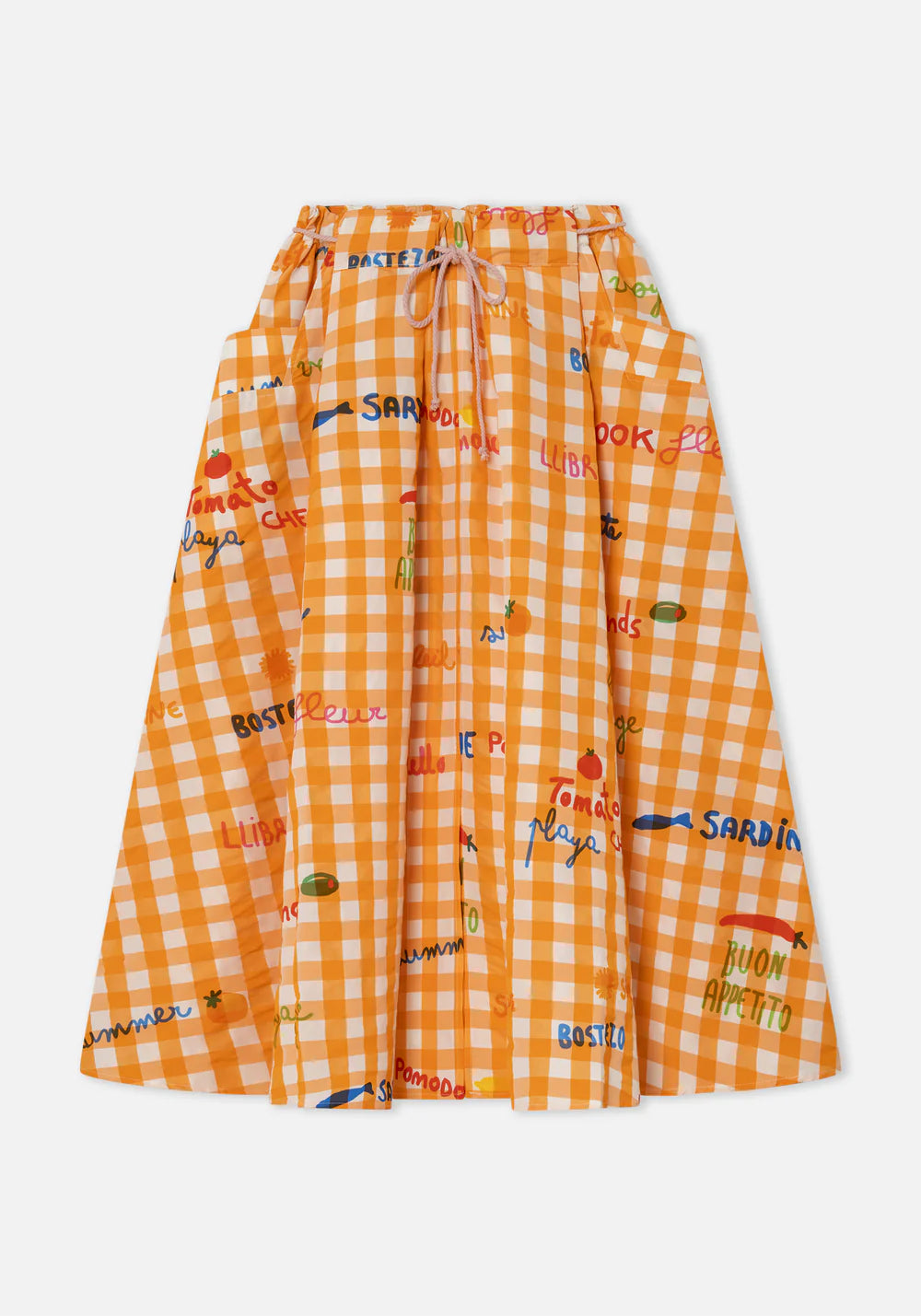 Orange checkered skirt with colorful text on a white background