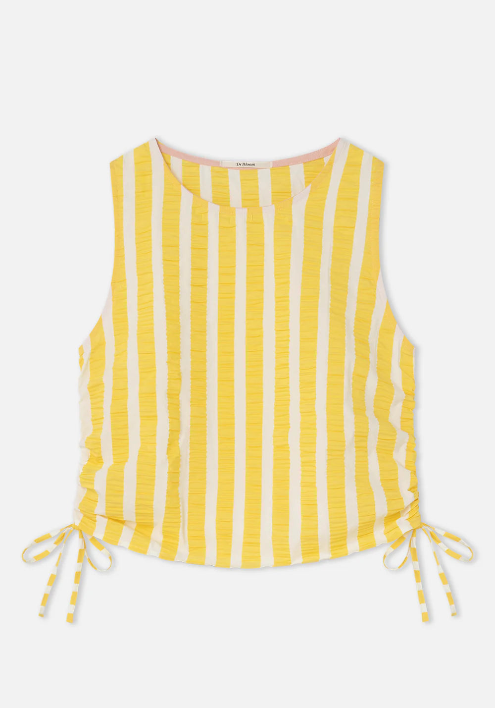 Yellow and white striped sleeveless top on a white background