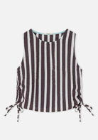 Striped sleeveless top with tie sides on a white background