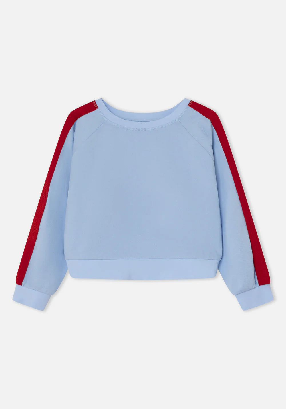 Light blue sweatshirt with red sleeves on a white background