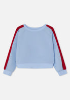 Light blue sweatshirt with red sleeves on a white background