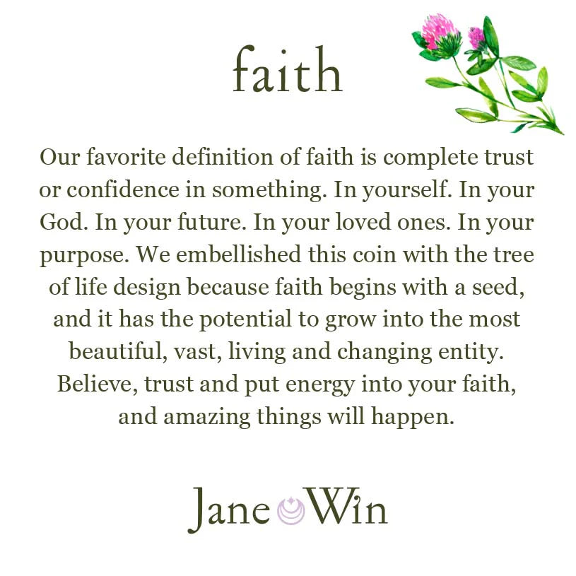 Text about faith with a tree of life design and flower on a white background, featuring the brand 'Jane Win'.