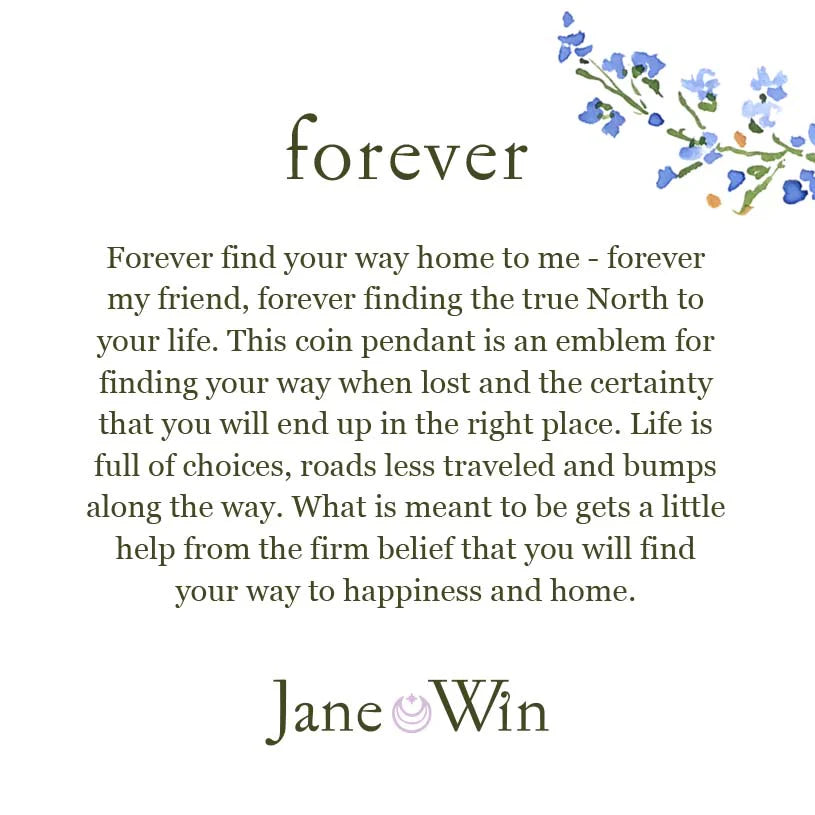 Text with 'forever' and floral design, featuring a quote about finding one's way home and the brand 'Jane Win'.