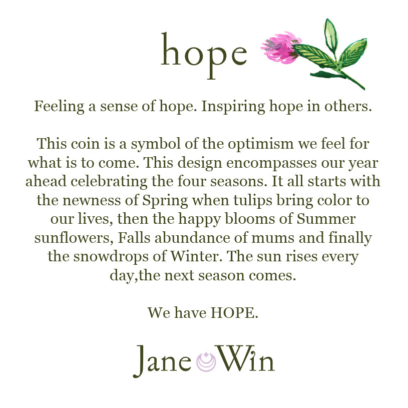 Text about hope and optimism with a coin design and 'Jane Win' branding on a white background.
