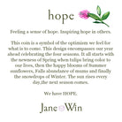 Text about hope and optimism with a coin design and 'Jane Win' branding on a white background.
