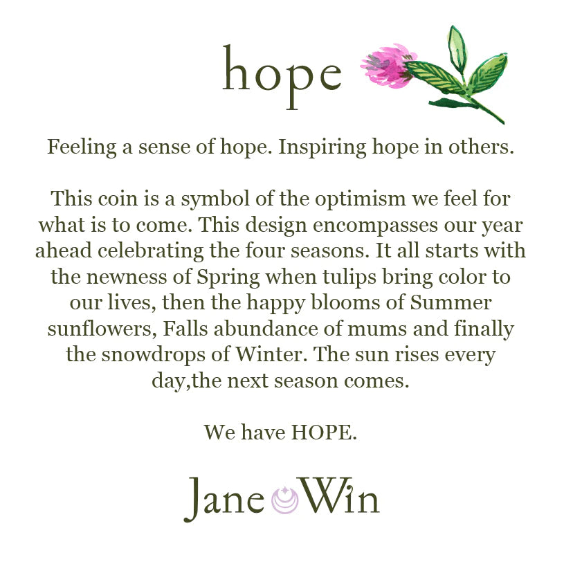 Text about hope and optimism with a coin design and 'Jane Win' branding on a white background.