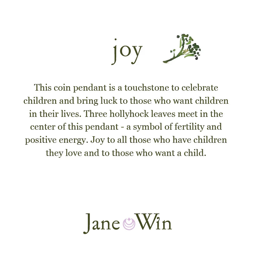 Text about a coin pendant with hollyhock leaves and brand name 'Jane Win' on a white background.