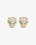 Gold panther-shaped earrings with green eyes on a white background