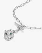 Silver panther pendant necklace on a white background