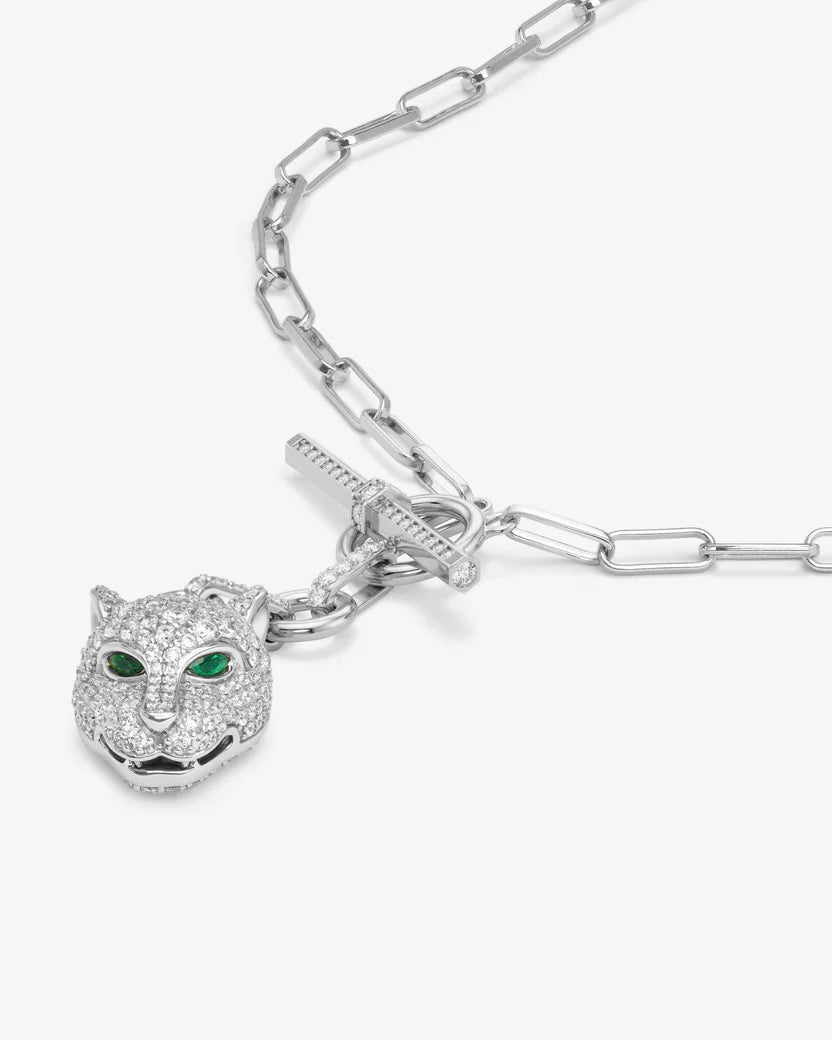 Silver panther pendant necklace on a white background