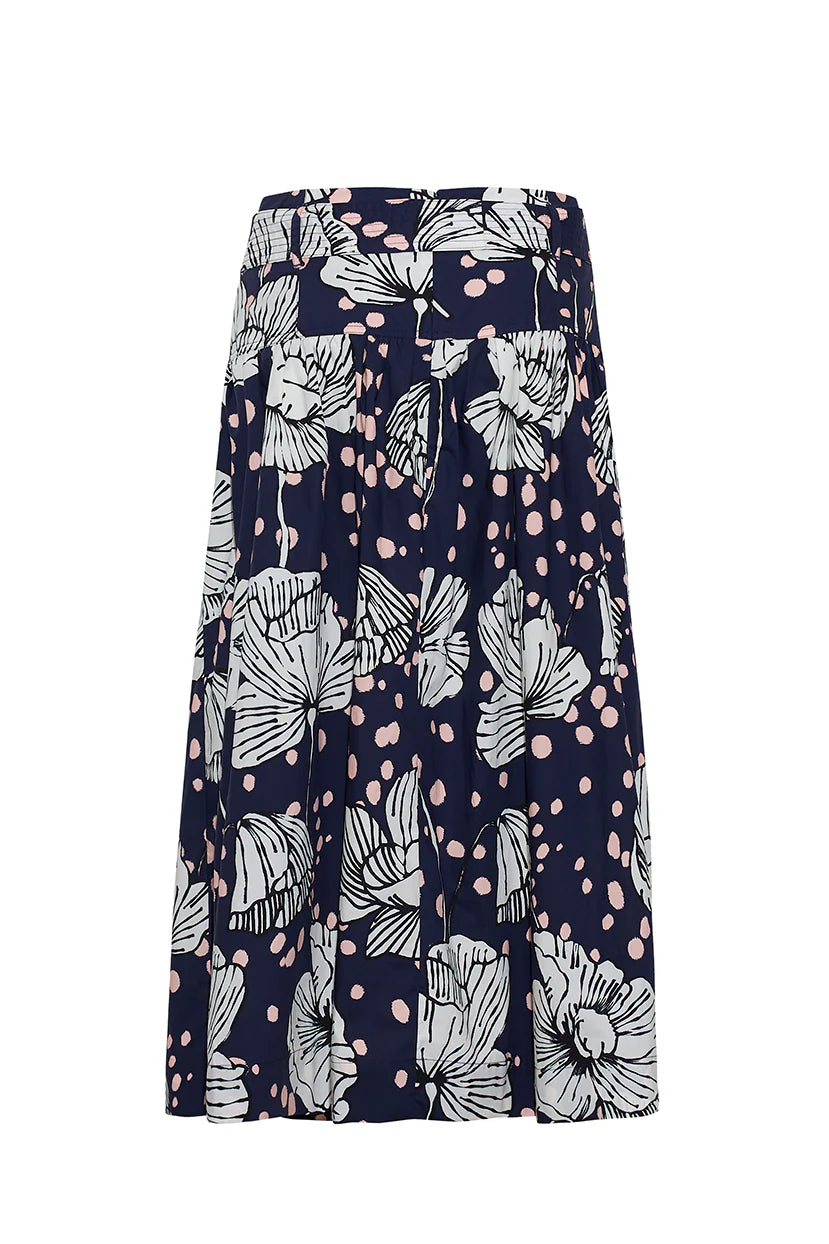 Navy blue skirt with floral pattern on a white background