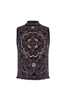 A sleeveless mock-neck vest featuring an intricate, symmetrical mandala and paisley pattern in navy blue, brown, and cream, set against a plain white background.