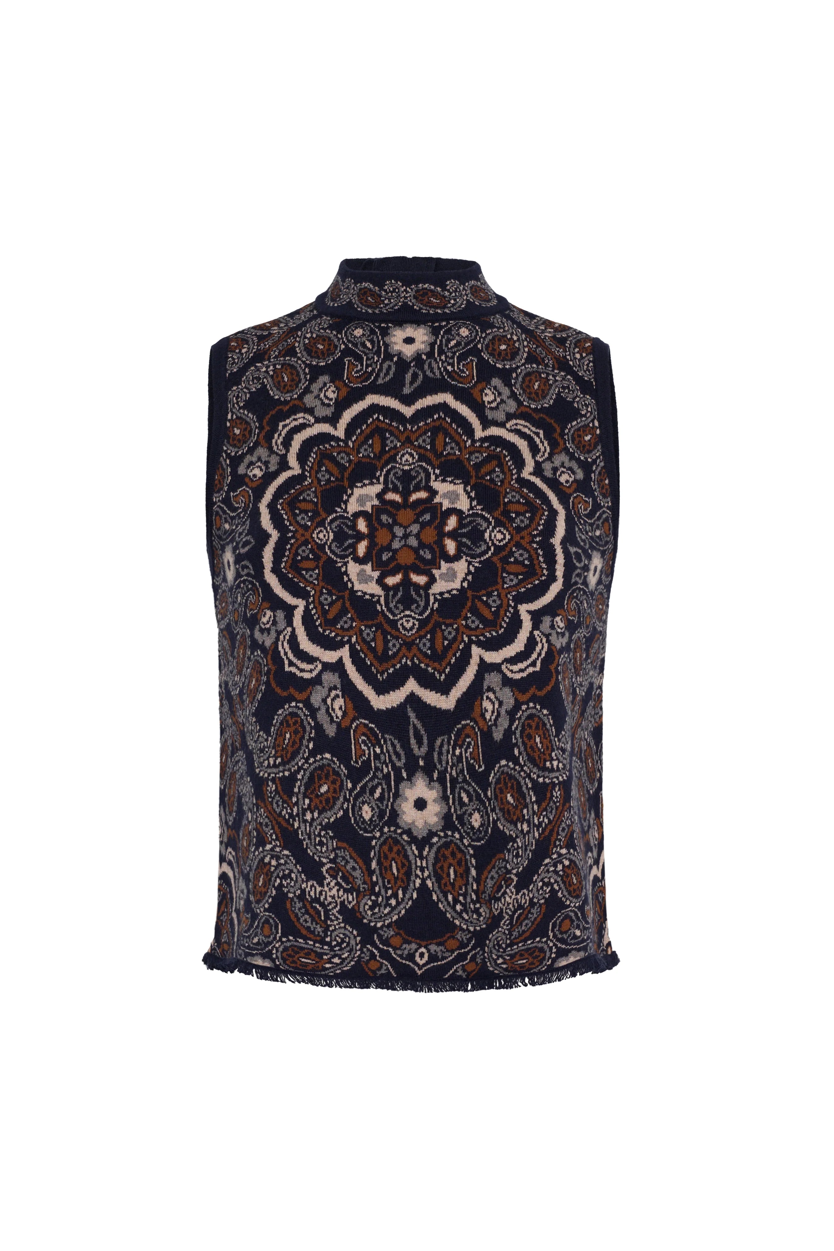 A sleeveless mock-neck vest featuring an intricate, symmetrical mandala and paisley pattern in navy blue, brown, and cream, set against a plain white background.