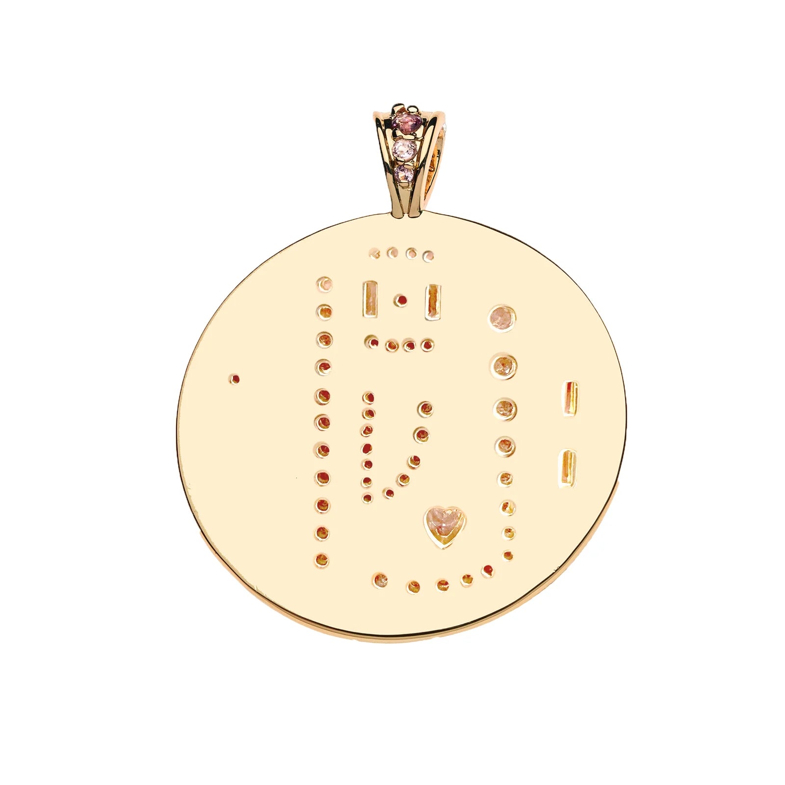 Gold pendant with gemstones on a white background