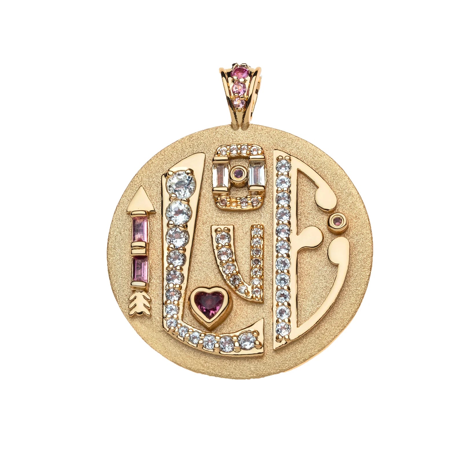 Gold pendant with various gemstones on a white background