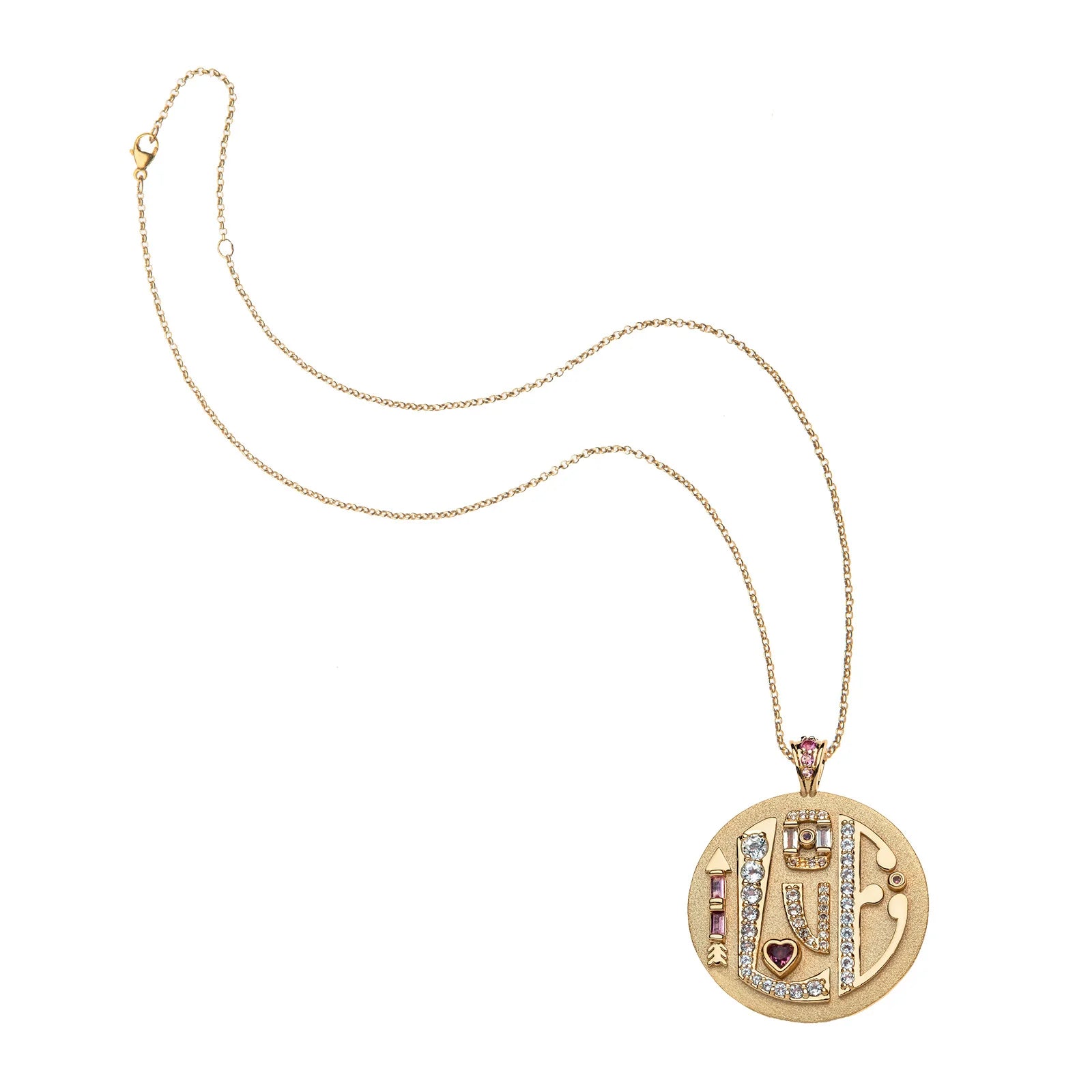 Gold necklace with a circular pendant featuring blue and green stones on a white background