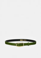 An olive green textured leather belt with a gold buckle and a black inner lining, displayed horizontally on a clean white background.