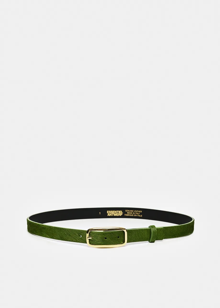 An olive green textured leather belt with a gold buckle and a black inner lining, displayed horizontally on a clean white background.