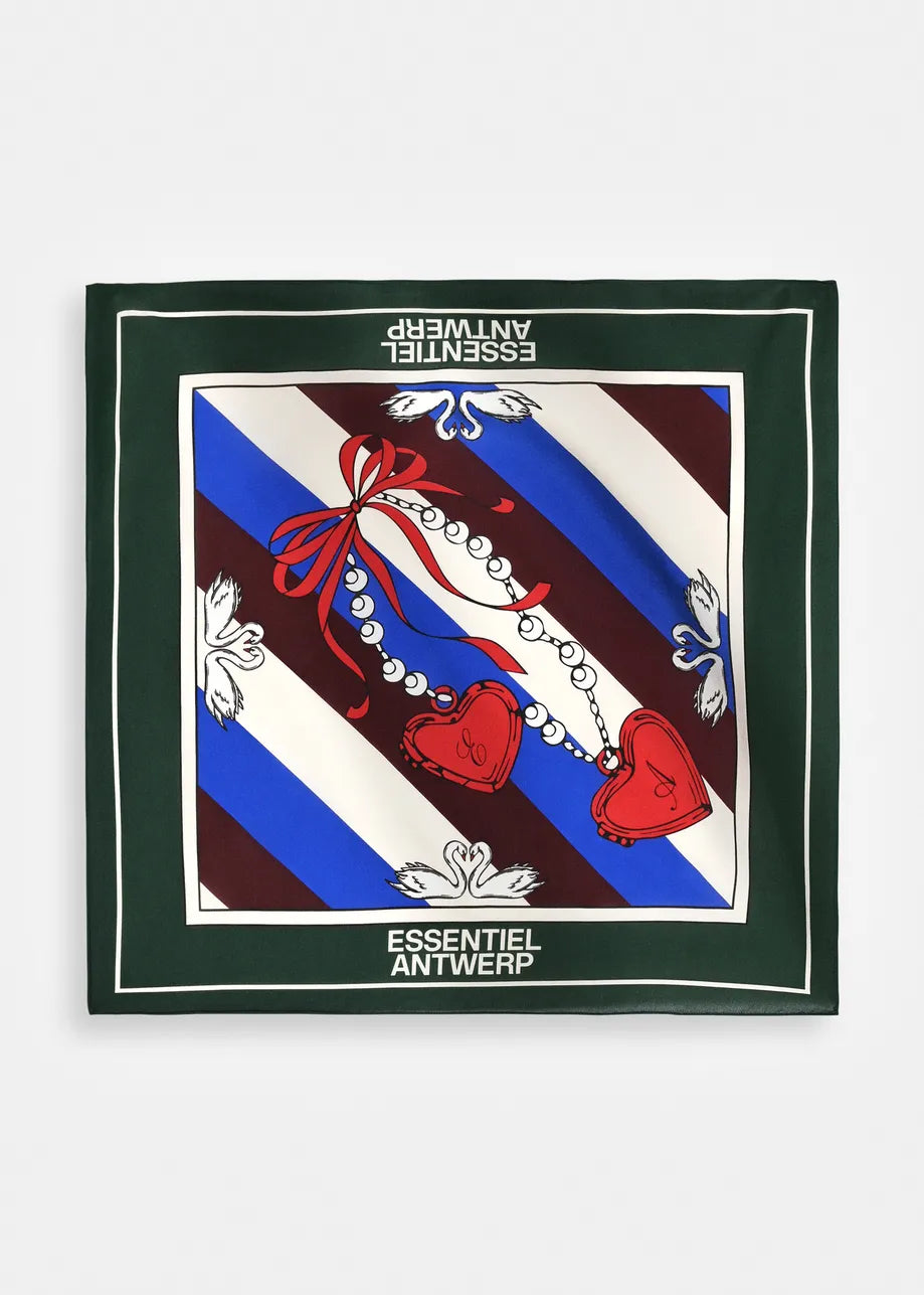 A square scarf from Essentiel Antwerp featuring a dark green border and a central graphic with diagonal blue, white, and burgundy stripes, red hearts, and a red ribbon.